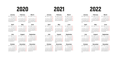 calendar 2020, 2021 and 2022, week starts on Monday, basic business template. vector illustration