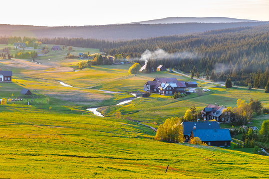 Jizerka village at sunset time. View from Bukovec Mountain, Jizera Mountains, Czech Republic