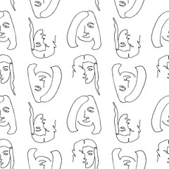Modern seamless pattern with linear abstract woman face. Continuous line art. One line drawing. Minimalist graphic.
