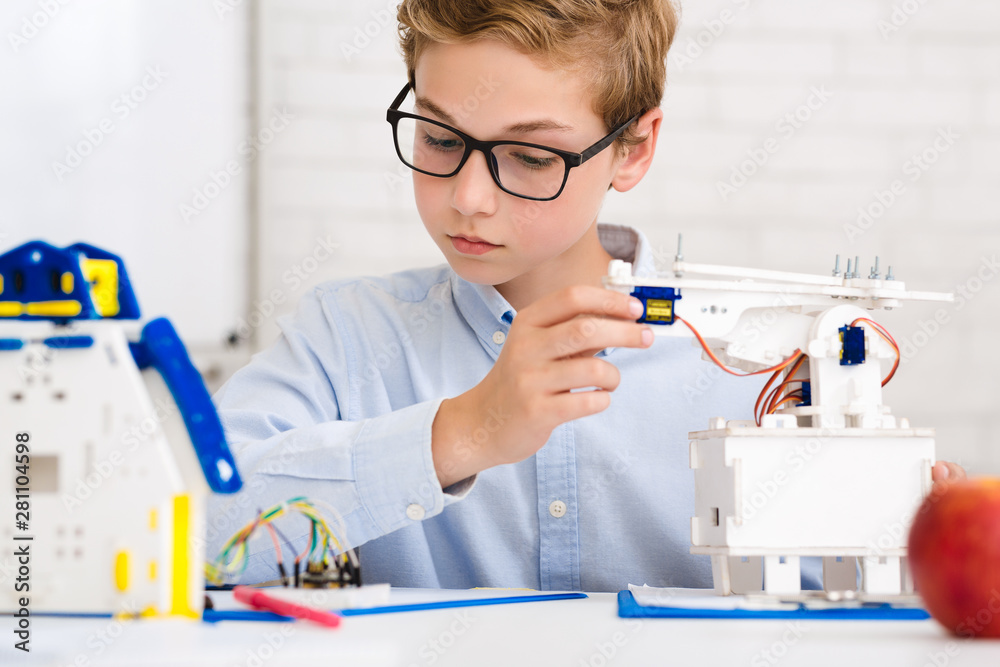 Poster schoolboy constructing electronic robot at stem lab