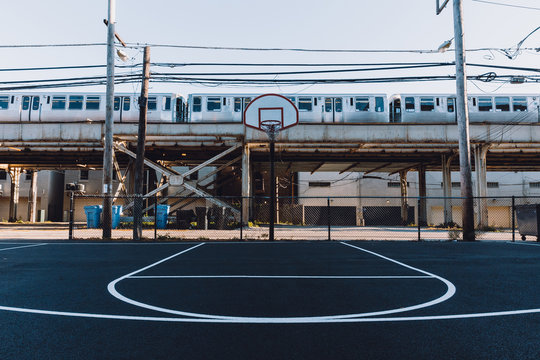 Chicago L Train Passing By Basketball Court