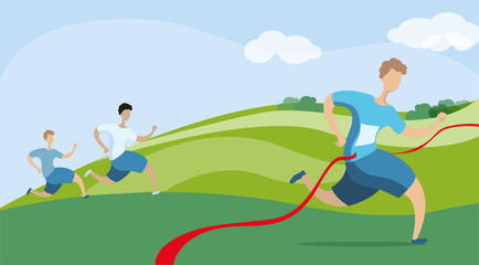A group of people running in nature. Vector illustration in flat style. Running a marathon.
