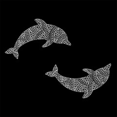 Two white silhouettes of dolphins with patterns. Vector illustration with black background.