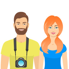 Young happy man and woman in travel with a camera. Vector illustration with isolated background.