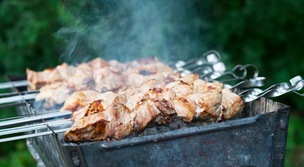 Street food, grilled meat on a spit. Homemade. Close up