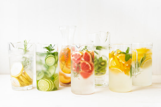 Refreshing lime, lemon, red grapefruit, peach, kiwi and cucumber infused water