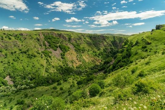 Amazing mountain landscape in Georgia on a sunny summer day. Top view of Dashbash Canyon