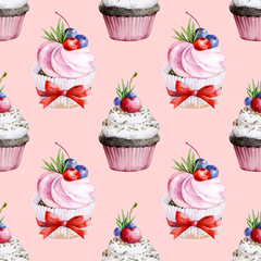 Seamless pattern. Watercolor variety of cupcakes on a light pink background.