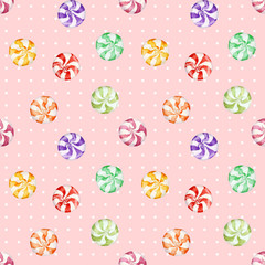Seamless watercolor pattern of colorful candies on a pink background with polka dots.