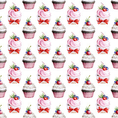 seamless watercolor pattern with cupcakes