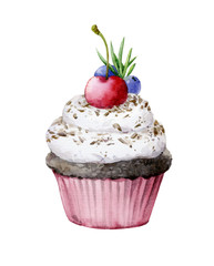 Watercolor illustration, cupcake isolated on a white.