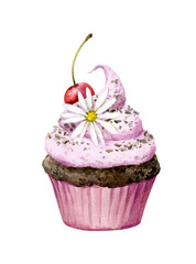 Watercolor illustration, cupcake isolated on a white.