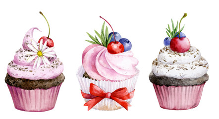 Collection of cupcakes with different ingredients. Set of sweet cakes. Colorful dessert.Watercolor illustration of cake with cream and berries.