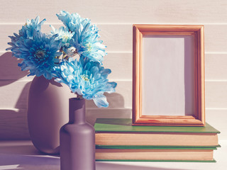 An empty wooden frame is on a stack of books. Nearby are various vases with blue chrysanthemums in them. White wooden background.
