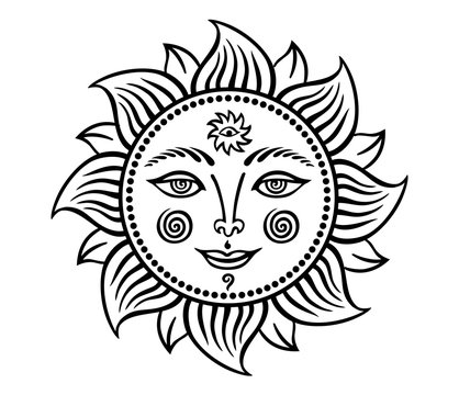 Sun with a human face, graphic black and white drawing in vintage style, vector illustration, image for tattoo. Graphic print for fabric and various designs.