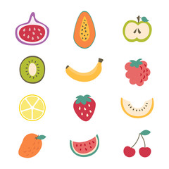 Cartoon Color Different Types Fruits Icon Set. Vector