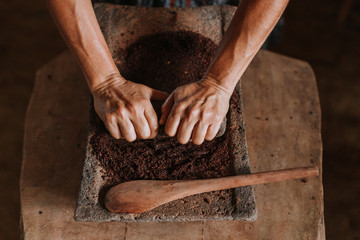 Mayan grinding cacao beans to make chocolate