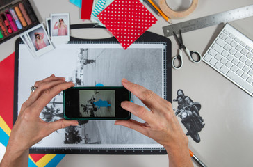 Desk view of a designers creative work space