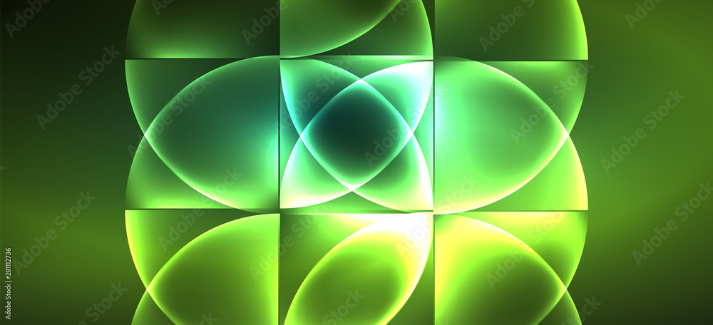 Fototapete techno glowing glass geometric shapes vector background, futuristic dark template with neon light ef