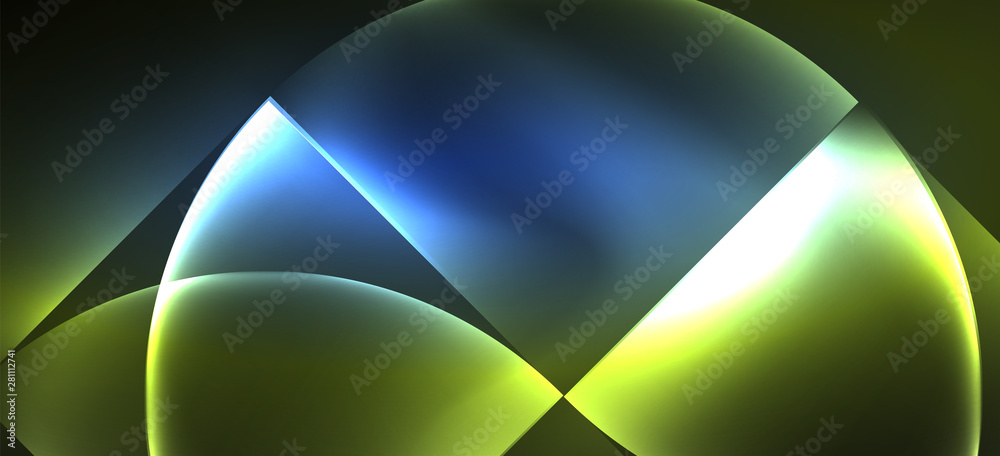Fototapete techno glowing glass geometric shapes vector background, futuristic dark template with neon light ef
