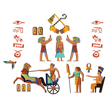 Ancient Egypt wall art or mural element cartoon vector. Monumental painting with hieroglyphs and Egyptian culture symbols, ancient gods, chariot and human figures, isolated on white background