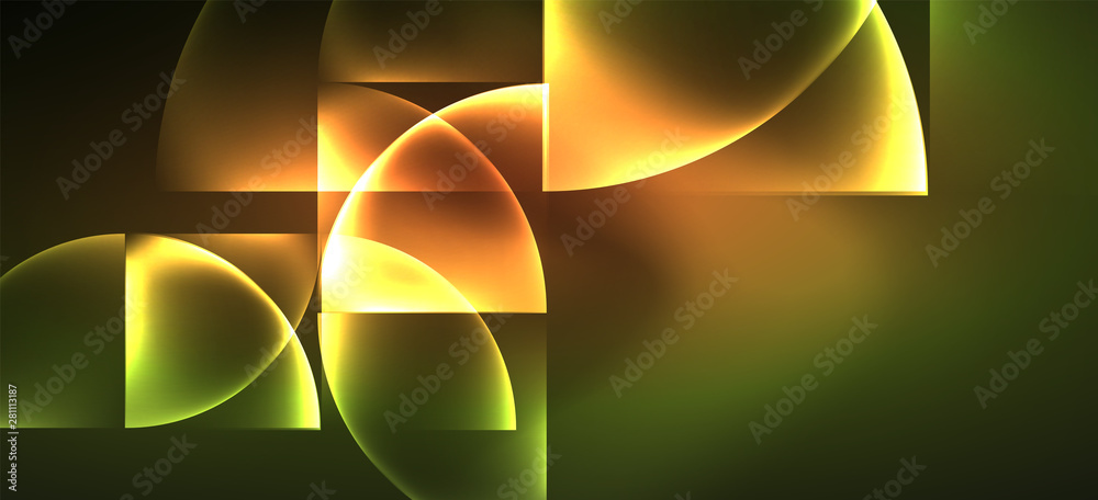 Fototapete techno glowing glass geometric shapes vector background, futuristic dark template with neon light ef