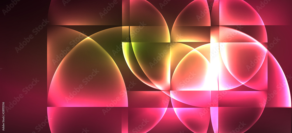 Fototapete techno glowing glass geometric shapes vector background, futuristic dark template with neon light ef