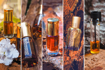 Collage from different pictures of concentrated perfume in a mini bottles - obrazy, fototapety, plakaty