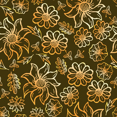 Fototapeta na wymiar Floral seamless pattern with hand drawn roses. Bright flowers on dark brown background.
