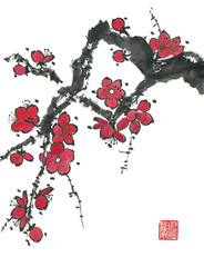 Fototapeta na wymiar A branch of a blossoming sakura. Pink and red stylized flowers of plum mei and wild cherry . Oriental traditional illustration of tree in style sumi-e, go-hua. Stylized print with hieroglyphs..
