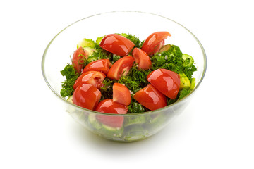 Vegetable salad, sliced cucumber and tomatoes, isolated on white background