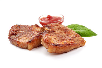Fried juicy pork steak, isolated on white background