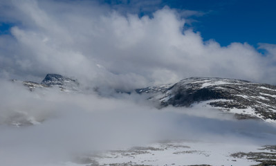 Aerial(drone) view on mountain Dalsnibba. Landscape in Geiranger, Norway in july 2019