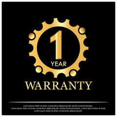 One year warranty golden label on black background - Vector