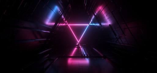 Futuristic Sci Fi Schematic Motherboard Matrix Chip Texture Reflective Gate Portal Neon Glowing Triangle Laser Gradient Blue Purple Vibrant Tunnel Corridor Empty Background 3D Rendering