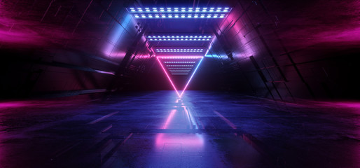 Sci Fi Futuristic  Technology Schematic Motherboard Matrix Chip Reflective Gate Portal Neon Glowing Triangle Laser Blue Purple Vibrant Tunnel Corridor Background 3D Rendering