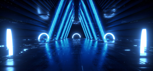 Sci Fi Futuristic Circle Triangle  Neon Led Lights Blue Vibrant Glowing Schematic Chip Texture Reflective Dark Empty Room Underground Stage Tunnel Corridor 3D Rendering