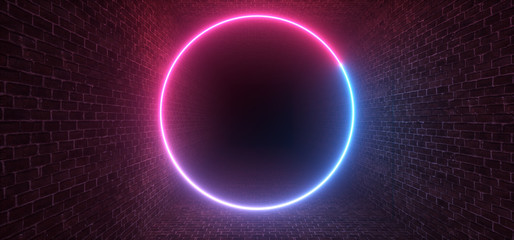 Neon Retro Club Neon Fluorescent Purple Blue Brick Walls Stage Fashion Dance Modern Sci Fi Futuristic Circle Shape Beam Laser Vibrant Dark Night 3D Rendering