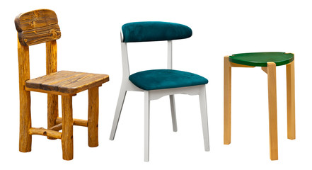 Colored chairs from fabric and suede on a white background