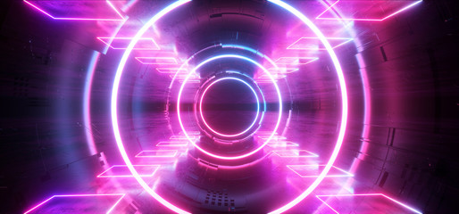 Stage Neon Glowing Alien Spaceship Futuristic Sci Fi Construction Purple Blue Glowing Laser Beams Fluorescent Vibrant Neon City Tunnel Corridor Vitrual Cyber Background 3D Rendering