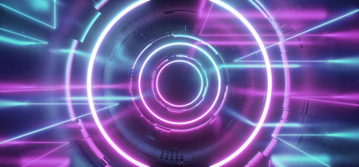 Stage Neon Glowing Alien Spaceship Futuristic Sci Fi Construction Purple Blue Glowing Laser Beams Fluorescent Vibrant Neon City Tunnel Corridor Vitrual Cyber Background 3D Rendering