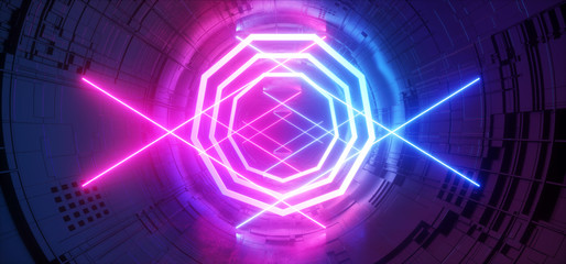 Obraz premium Stage Neon Glowing Alien Spaceship Futuristic Sci Fi Construction Purple Blue Glowing Laser Beams Fluorescent Vibrant Neon City Tunnel Corridor Vitrual Cyber Background 3D Rendering