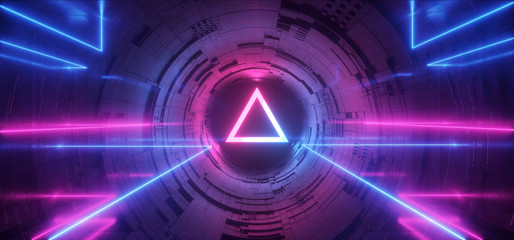 Studio Sci Fi Neon Glowing Triangle Sphere Circle Gate Portal  Gradient Purple Blue Retro Alien Spaceship Reflective Motherboard Texture Chip Empty Background Spaceship 3D Rendering