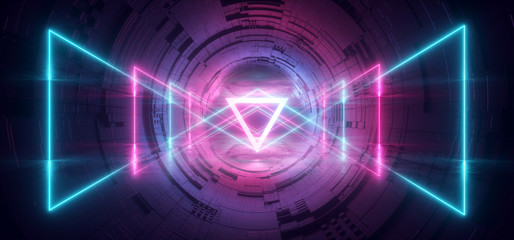 Studio Sci Fi Neon Glowing Triangle Sphere Circle Gate Portal  Gradient Purple Blue Retro Alien Spaceship Reflective Motherboard Texture Chip Empty Background Spaceship 3D Rendering