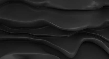 Elegant, luxurious, soft folds of black silk or velour fabric. Thick, melting black liquid. Background for cosmetics or jewelry. Wallpaper. 3D rendering.