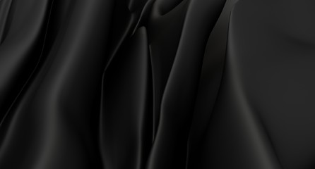 Elegant, luxurious, soft folds of black silk or velour fabric. Thick, melting black liquid. Background for cosmetics or jewelry. Wallpaper. 3D rendering.