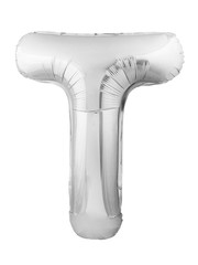 Letter T made of chrome silver inflatable balloon isolated on white background. One of full alphabet balloon set. Customize your message.