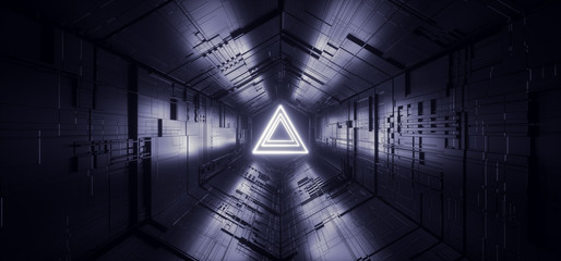 Neon Glowing Laser Blue Triangle Sci Fi Futuristic  Technology Schematic Motherboard Matrix Chip Reflective Gate Portal Vibrant Tunnel Corridor Background 3D Rendering