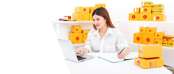 Banner Web Design of Selling online ideas concept, Women selling online start up small business owner working at home office