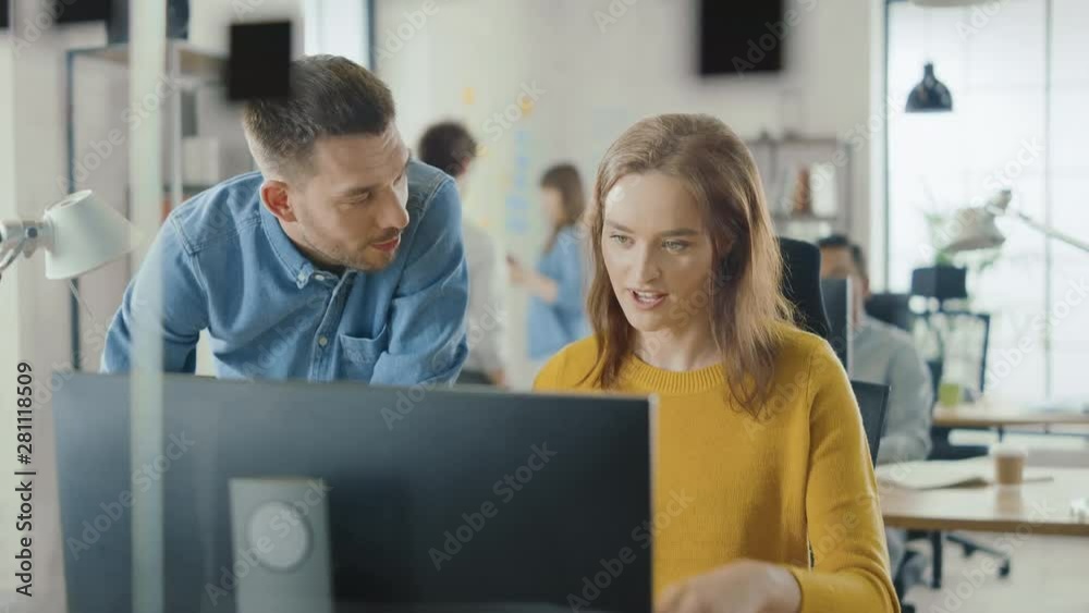 Poster female specialist works on desktop computer, project manager stands beside and gives advice on optim